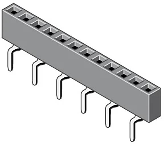 3D-Modell eines Dual-Row-Stiftleisten-Steckers mit rechteckigen Löchern und gebogenen Stiften darunter zum Montieren auf einer Leiterplatte.