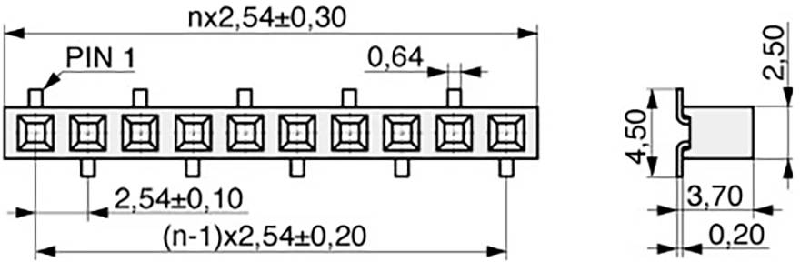 Technisches Diagramm einer Stiftleiste mit 10 Stiften. Abmessungen: Höhe 4,50 mm, Stiftabstand 2,54 mm, Stiftbreite 0,64 mm, Tiefe 3,70 mm.