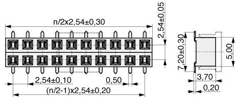 Technische Zeichnung eines Stiftleistensteckers mit zwei Reihen und Maßangaben. Enthält Messwerte: 2,54, 0,50, 7,20, 5,00 mm und weitere.