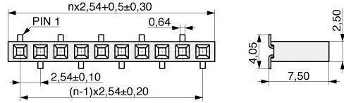 Technisches Diagramm einer Stiftleiste mit 10 Stiften. Die Vorderansicht zeigt den Stiftabstand und die Beschriftung von Stift 1. Die Seitenansicht zeigt die Gesamthöhen- und Breitenmessungen.