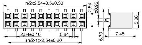 Technische Zeichnung eines 20-poligen Stecker-Verbinders: Die Abmessungen umfassen einen Pinabstand von 2,54 mm, eine Gesamtlänge von 25,4 mm und eine Höhe von 5,08 mm.