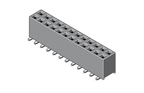 3D-Modell eines grauen, rechteckigen 2x8-Stiftleisten-Steckverbinders mit weiblichen Kontakten, entwickelt für Anschlüsse von Elektrokomponenten.