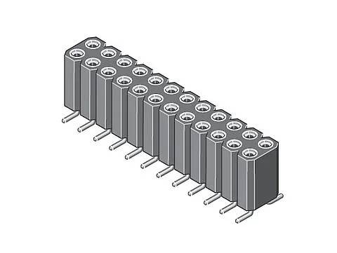 Ein 10x2-poliger duales Reihenstecker mit Seiteneinführung, der die Stiftausrichtung und Sockelöffnungen für elektronische Komponenten zeigt.