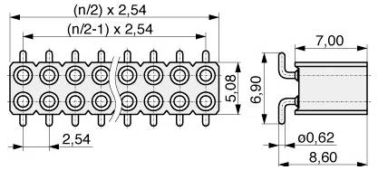 Diagramm eines Steckverbinders mit Maßangaben. Die Draufsicht zeigt zwei Reihen mit je acht Stiftschlitzen mit 2,54 mm Abstand. Die Seitenansicht zeigt eine Breite von 5,08 mm und eine Höhe von 7,00 mm.