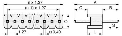 Diagramm einer zylindrischen mechanischen Komponente mit beschrifteten Abmessungen: n x 1,27, (n-1) x 1,27, 1,27, 0,40; Seitenansicht mit den Beschriftungen A, B, C, D, L, S.