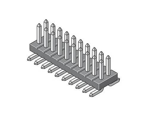 Eine Illustration einer doppelreihigen Stiftleiste mit abgewinkelten Stiften, die häufig für Verbindungen in der Elektronik und auf Leiterplatten verwendet wird.