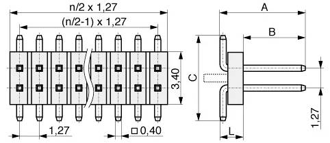 Technische Zeichnung einer zweirehigen Stiftleiste mit Abmessungen. Der Stiftabstand beträgt 1,27 mm; Länge L und Höhe C sind gekennzeichnet; Querschnittsansicht inbegriffen.