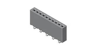 Ein 3D-Modell eines rechteckigen, dunkelgrauen elektronischen Steckers mit acht Stiftsitzen und Metallkontakten auf der Unterseite zur Schaltkreisverbindung.