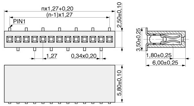Steckerverbinder-Layout mit Maßen: 2,50±0,10, 1,27 Abstände, 5,80±0,10 Länge, 3,50±0,25 Breite und 6,00±0,25 Tiefe. PIN1 gekennzeichnet.