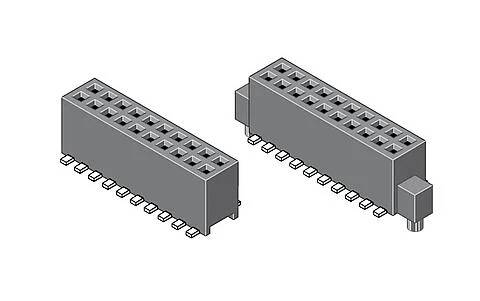 Eine Illustration eines rechteckigen Stiftleisten-Steckverbinders mit mehreren Metallstiften, der häufig in der Elektronik verwendet wird, um Leiterplatten zu verbinden.