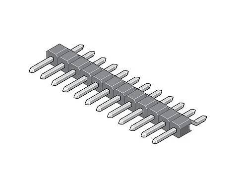 Ein grauer, zweireihiger Stecker mit gewinkelt angeordneten Pins, üblicherweise für Leiterplatttenverbindungen verwendet.
