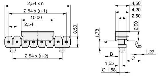 Technisches Diagramm zeigt Steckermaße, einschließlich Länge '2,54 x n', Breite '10,00' und verschiedene Höhenmessungen.
