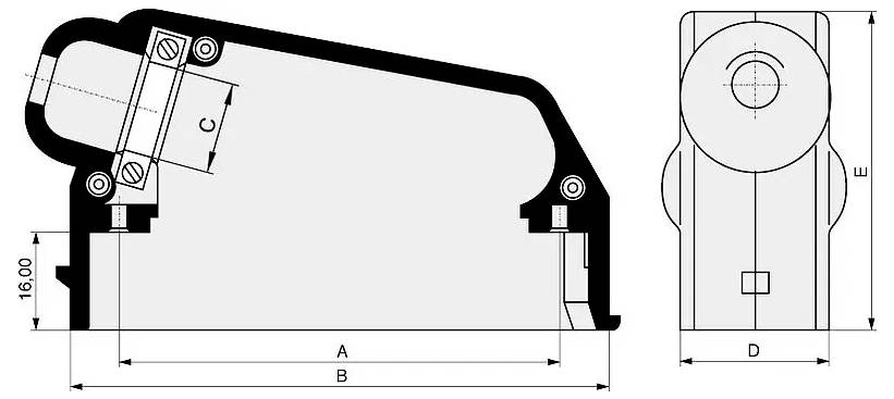 Technische Zeichnung einer mechanischen Komponente mit Seiten- und Vorderansicht mit den Maßen A, B, C, D, E und 16.00.