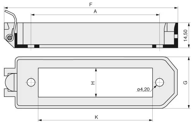 Rechteckige LED-Lichtleiste Seitenansicht mit Abmessungen: Länge F-A, Höhe 14,50; Draufsicht zeigt Breite H, K, Schraubendurchmesser Ø4,20.