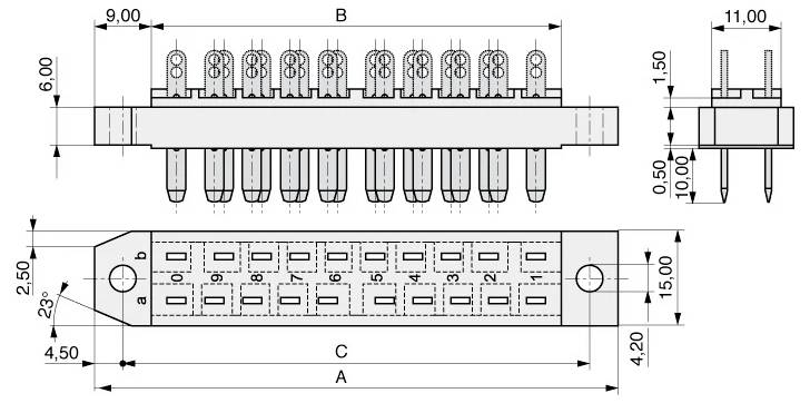 Technische Zeichnung einer elektrischen Komponente mit Abmessungen in Millimetern, Darstellung der Vorder- und Seitenansicht mit Stiftpositionierungen.