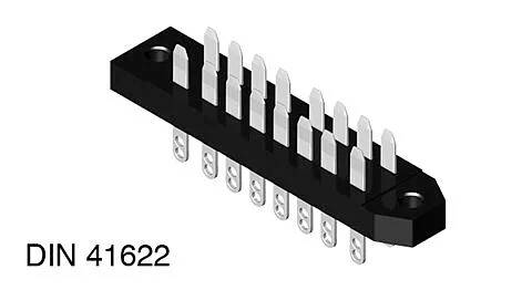Ein DIN-41622-Steckverbinder mit mehreren Metallstiften, die in zwei Reihen angeordnet sind und für elektronische Schaltungsverbindungen verwendet werden.