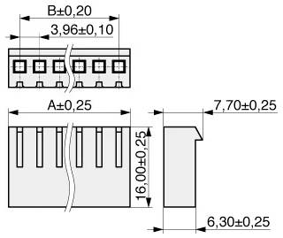 Dieses Diagramm zeigt die Abmessungen einer elektronischen Komponente mit folgenden Messungen: Länge 16,00±0,25 mm, Breite 6,30±0,25 mm und Höhe 7,70±0,25 mm. Detailliert beschriftete Teile A und B.