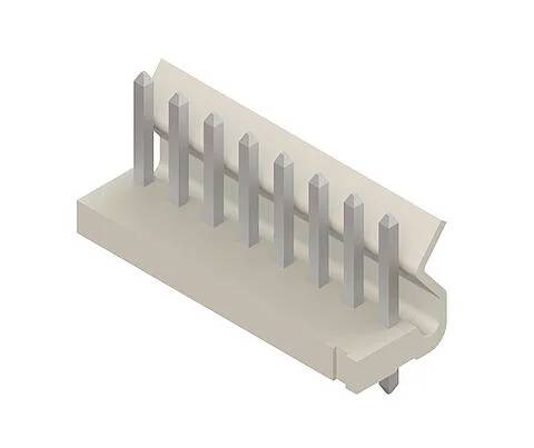 Eine 3D-Illustration eines beigen Kunststoffsteckers mit acht metallischen Stiften, die in einer Reihe angeordnet sind und für elektronische Komponenten verwendet werden.