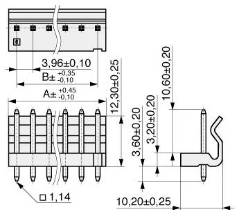 Technisches Diagramm eines elektronischen Steckers mit Abmessungen. Vertikal- und Horizontalansichten zeigen Positionen und Messwerte in Millimetern.