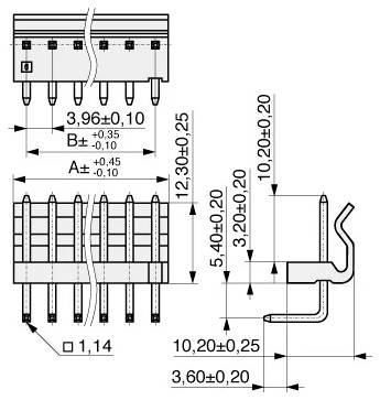 Diagramm eines elektrischen Steckers mit detaillierten Maßen in Millimetern, zeigt Draufsicht, Frontansicht und Seitenansicht mit Stiftabstand und Abmessungen.