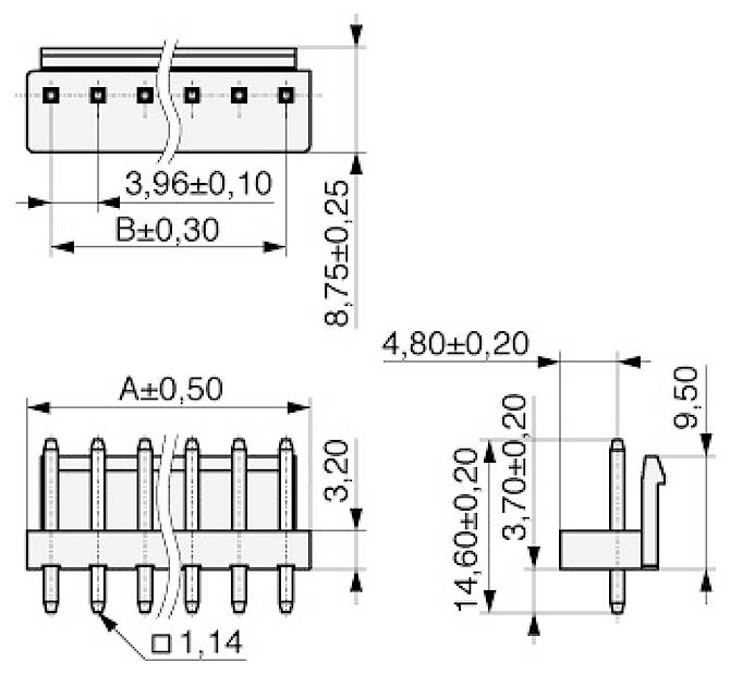Technisches Diagramm einer elektronischen Komponente mit Abmessungen in Millimetern. Vorder- und Seitenansichten zeigen Maße und Toleranzen.