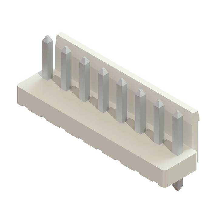 Ein achtpoliger Stecker mit weißer Basis und silbernen Stiften in einer Reihe, der für elektronische Verbindungen und Komponenten verwendet wird.