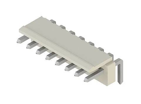 '2,54 mm Rastermaß, zweireihiger gerader Stiftkopf vertikal SMD-Typ.' Ein grauer elektronischer Stecker mit 10 Metallstiften und einer L-förmigen Stütze.