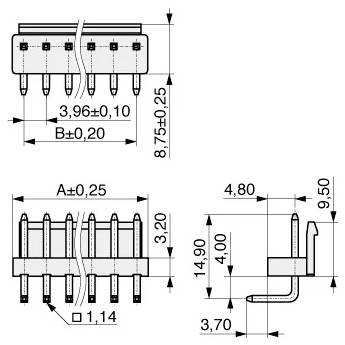 Technisches Diagramm eines Dual-in-line-Gehäuses (DIP-Komponente) mit Abmessungen: 3,96 mm Breite, 8,75 mm Höhe, 4,80 mm Tiefe und 1,14 mm Pinabstand.