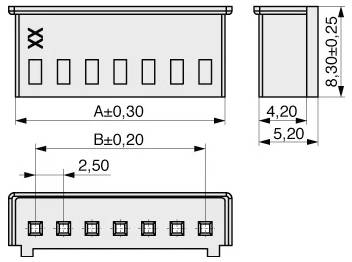 „Anschlussmaßstabdiagramm mit Draufsicht und Seitenansicht: Länge A ±0,30, Breite B ±0,20, Höhe 8,30 ±0,25 und Stiftabstand 2,50.