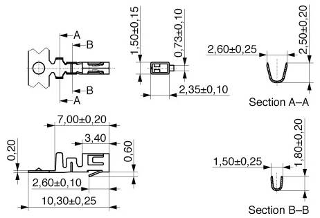 Eine detaillierte technische Zeichnung eines mechanischen Bauteils mit gekennzeichneten Schnitten A-A und B-B, angegebenen Abmessungen und verzeichneten Toleranzen.