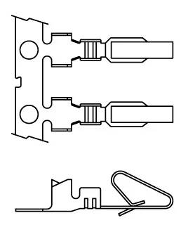 Diagramm, das Front- und Seitenansichten von zwei elektrischen Steckern zeigt. Der obere Stecker ist ein Steckertyp (Stecker) und der untere ist ein Buchsentyp (Buchse).