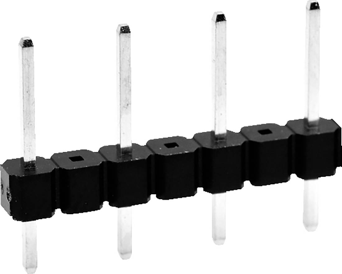 Ein schwarzer PCB-Stecker mit fünf Metallstiften in einer Reihe, der zum Verbinden elektronischer Komponenten auf einer Leiterplatte verwendet wird.