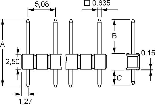 Diagramm eines Stiftleisten-Anschlusses mit Abmessungen: Abstand von 5,08 mm, Höhe von 2,50 mm und Breitenvariationen von 0,635 mm und 1,27 mm.
