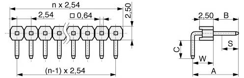 Diagramm eines Steckerverbinders mit Abmessungen: horizontaler Pinabstand von 2,54 mm, Pindurchmesser von 0,64 mm und vertikale Höhe von 2,50 mm.