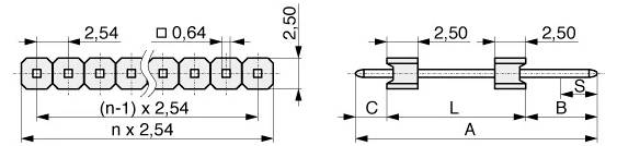 Technische Zeichnung von elektronischen Steckverbindern, die Abmessungen und Abstände zeigt. Links: 2,54 mm Rastermaß. Rechts: Seitenansicht der Steckverbinder mit gekennzeichneten Abmessungen.
