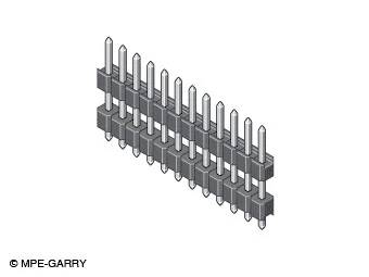 Ein zweireihiger Stiftleistenverbinder mit Metallstiften und Kunststoffbasis, verwendet für elektrische Verbindungen auf Leiterplatten, von MPE-GARRY.