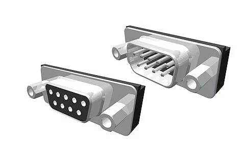 Zwei D-Sub-Steckverbinder: einer männlich mit Kontaktstiften und einer weiblich mit Buchsen, dargestellt in einem 3D-Modell, das ihre Form und Konfiguration hervorhebt.