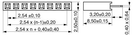 Technische Zeichnung einer elektronischen Komponente mit Maßen: 2,54 x (n-1) ±0,20 mm, 3,20 ±0,20 mm, 8,50 ±0,15 mm und 2,50 ±0,10 mm.