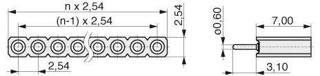 Technisches Diagramm eines Steckers mit 2,54 mm Abstand. Die Vorderansicht zeigt versetzte kreisförmige Stifte; die Seitenansicht zeigt einen Stift, der sich 7 mm erstreckt, mit einem Abstand von 3,10 mm.