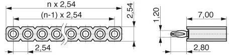 Technisches Diagramm einer Reihe von kreisförmigen Steckern mit Abmessungen: 2,54 mm Abstand zwischen den einzelnen Steckern, 1,20 mm Höhe, 2,80 mm Stiftlänge, 7,00 mm Gesamtbreite.