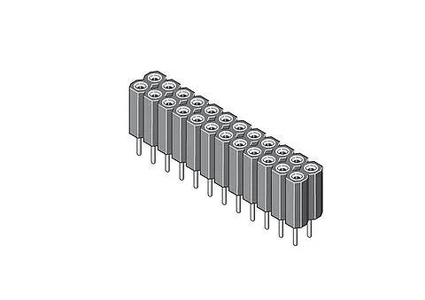 Ein 20-poliger weiblicher Stiftleisten-Stecker mit einer einzelnen Reihe, aus einem Winkel gezeigt, mit zylindrischen Buchsen und geraden Metallstiften.