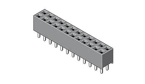 Ein rechteckiger, grauer Elektronikstecker mit zwei Reihen quadratischer Löcher und Metallstiften auf der Unterseite zur Leiterplattenmontage.