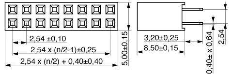 „Diagramm eines 10-Segment-LED-Anzeigemoduls mit Abmessungen: Breite 2,54 mm Abstände, Höhe 5 mm und Seitenansicht Tiefe 8,5 mm.