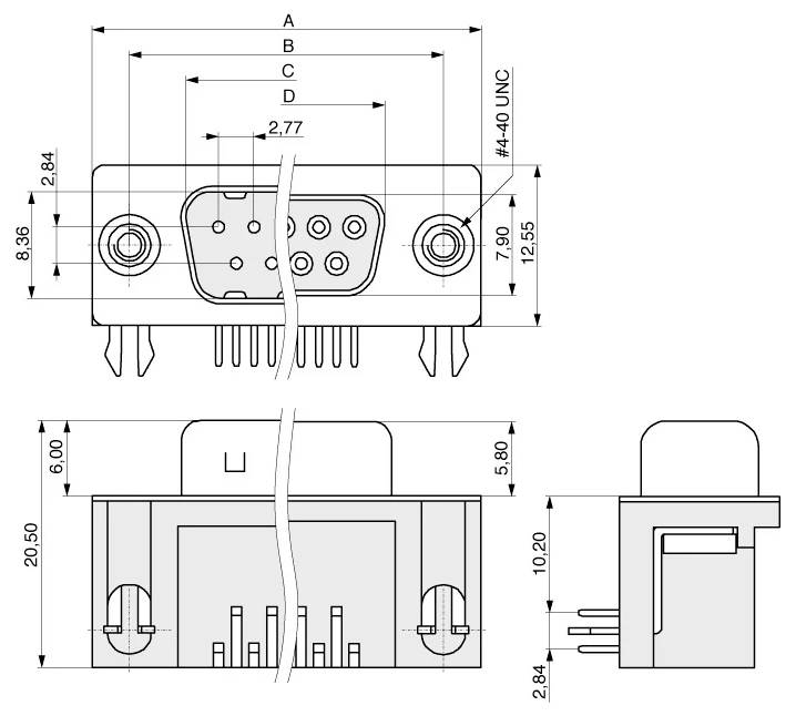 Technische Zeichnung eines Steckers: Draufsicht, Vorderansicht und Seitenansicht mit Abmessungen in mm. Enthält Stiftanordnung und Maße für die Installation.