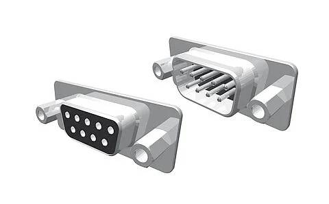 Zwei D-Sub-Steckverbinder, männlich links mit Metallstiften und weiblich rechts mit Buchsen, verwendet für Datenverbindungen.