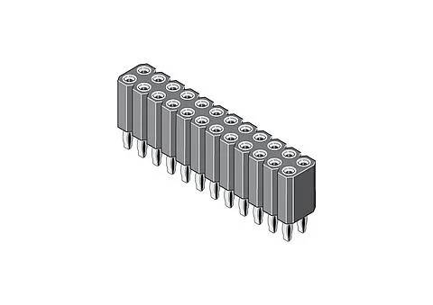3D-Illustration eines 16-poligen weiblichen Steckerverbinders, Seitenansicht mit Darstellung der Ausrichtung der Stifte für Anwendungen in elektronischen Schaltungen.