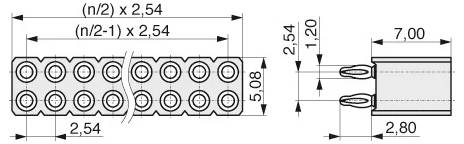 Technisches Schaltschema eines 10-poligen Steckers. Die Vorderansicht zeigt einen Abstand von 5,08 mm; die Seitenansicht zeigt einen Pinabstand von 2,54 mm und eine Breite von 7,00 mm.