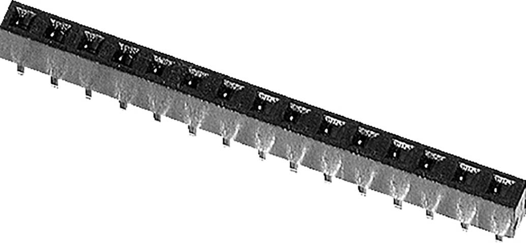 Eine Reihe kleiner elektronischer Komponenten, wie Dioden oder Transistoren, die auf einem schwarzen Streifen mit sichtbaren Metallkonnektoren montiert sind.