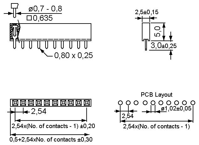 Technisches Diagramm mit Abmessungen einer elektrischen Komponente mit Pinlayout, Messungen und einem PCB-Layout-Schaltplan.