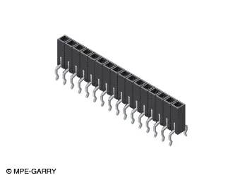 Eine Reihe schwarzer, rechteckiger elektronischer Stecker mit Metallstiften, entworfen für Leiterplattenanwendungen, aus einem Winkel betrachtet.